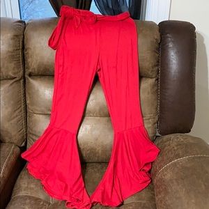 Red cotton capri waist tie flare pant S